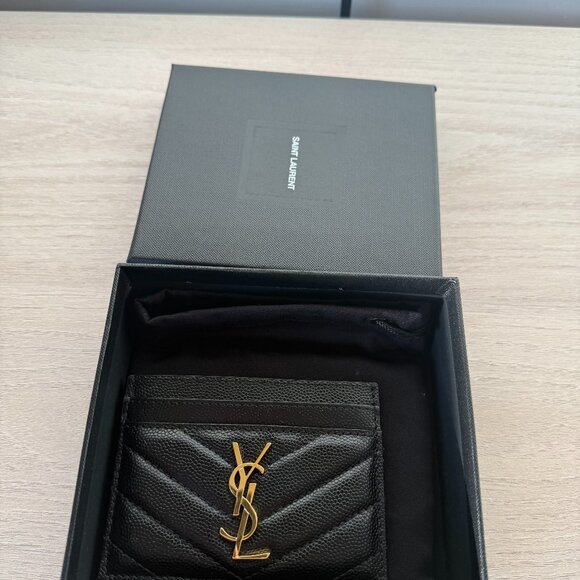 NWT Saint Laurent YSL Card Holder Chevron Pattern Black Leather Grain De Poudre - Picture 3 of 10